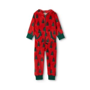 Hatley Little Blue House Adult Hooded Fleece Jumpsuit Trees On Red